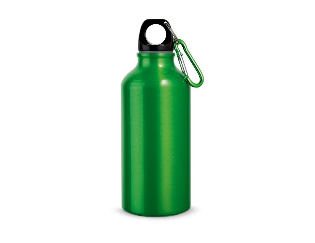 Garrafa esportiva em alumnio e acabamento metlico com mosqueto 400 mL