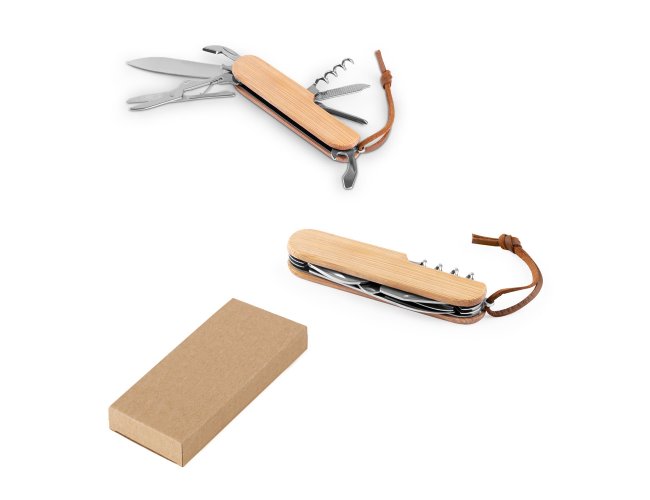 RYKER. Canivete multifunes em bambu e ao inox com cordo em PU com 7 funes