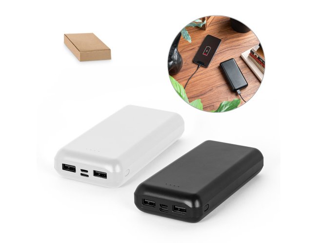 Bateria portátil em ABS 100% reciclado e capacidade de 20.000 mAh